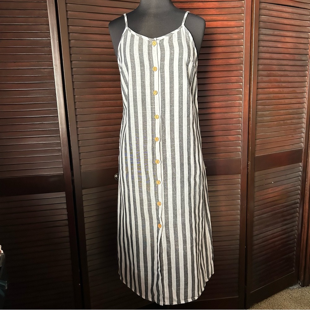 SHEIN White Striped Button Down Summer Midi Dress, Tie back,  Size Medium